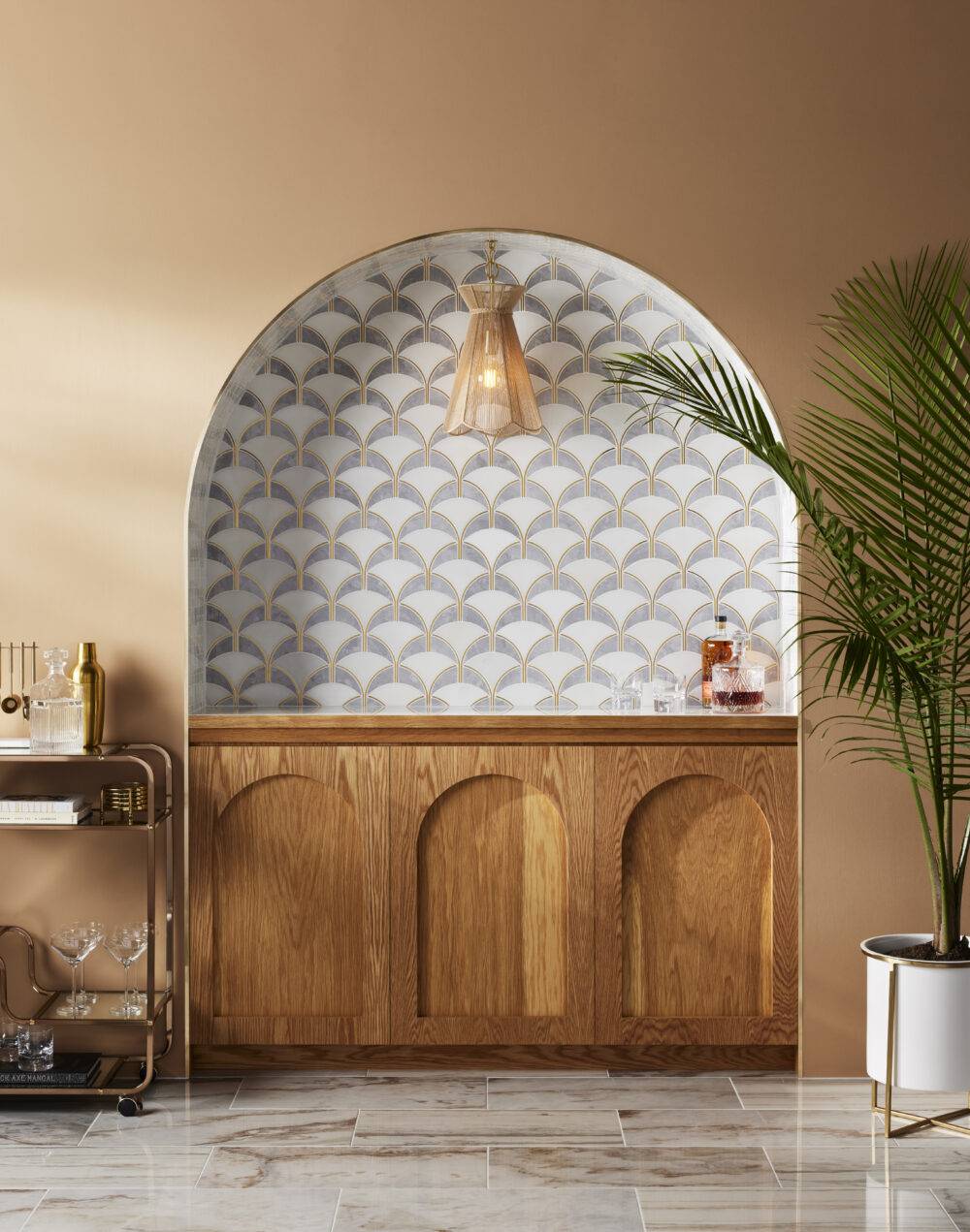 Arched bar area with art-deco-inspired arched tile.