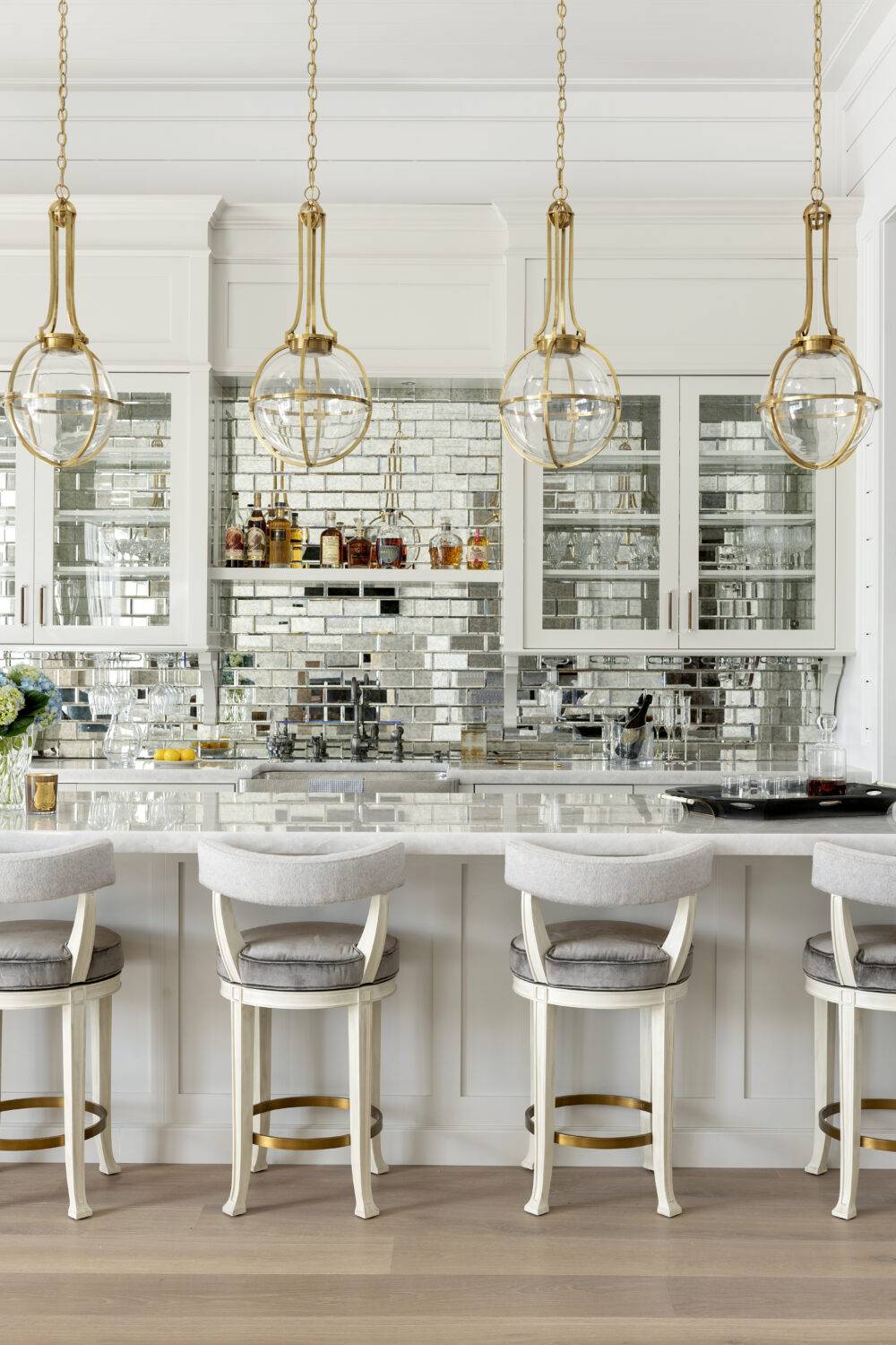Close-up of bar featuring Antique Mirror Bevel tile.