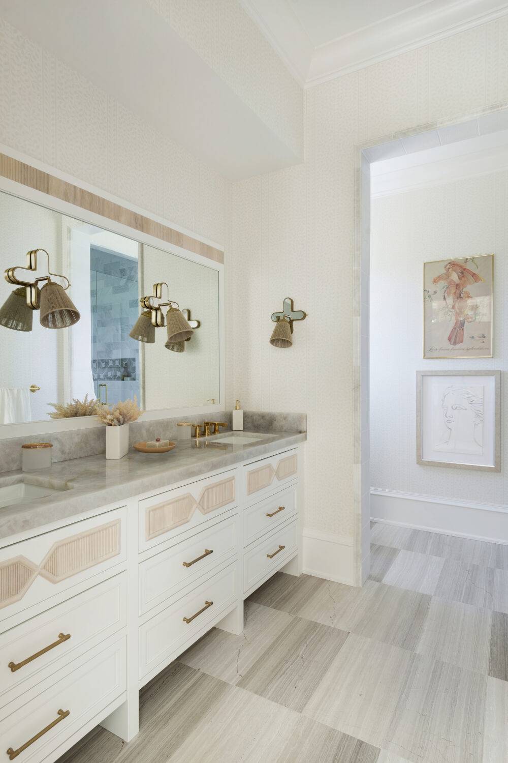 Guest bathroom sinks featuring Legno tile.
